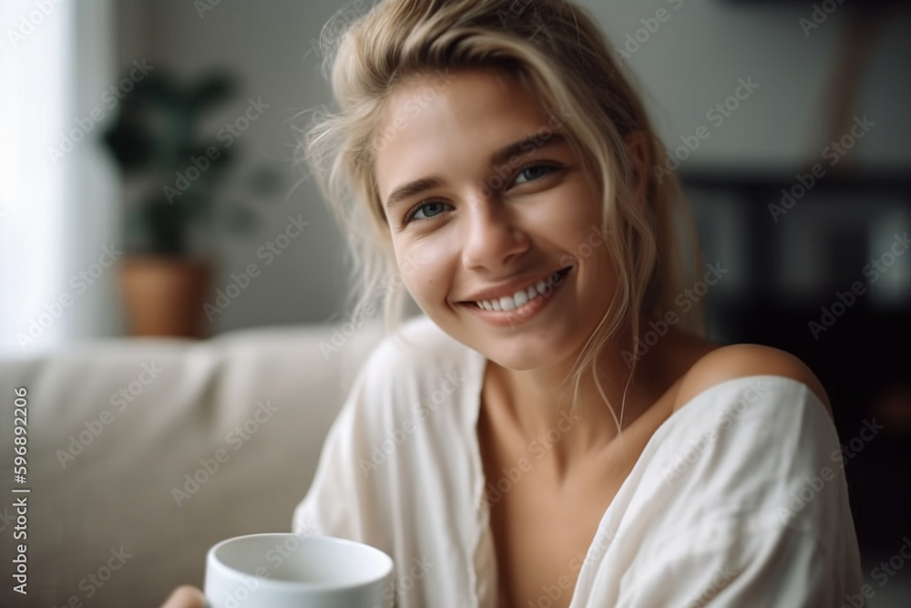 slender pretty beauty adult woman, living room with sofa and daylight. Generative AI slender pretty beauty adult woman, living room with sofa and daylight. Generative AI