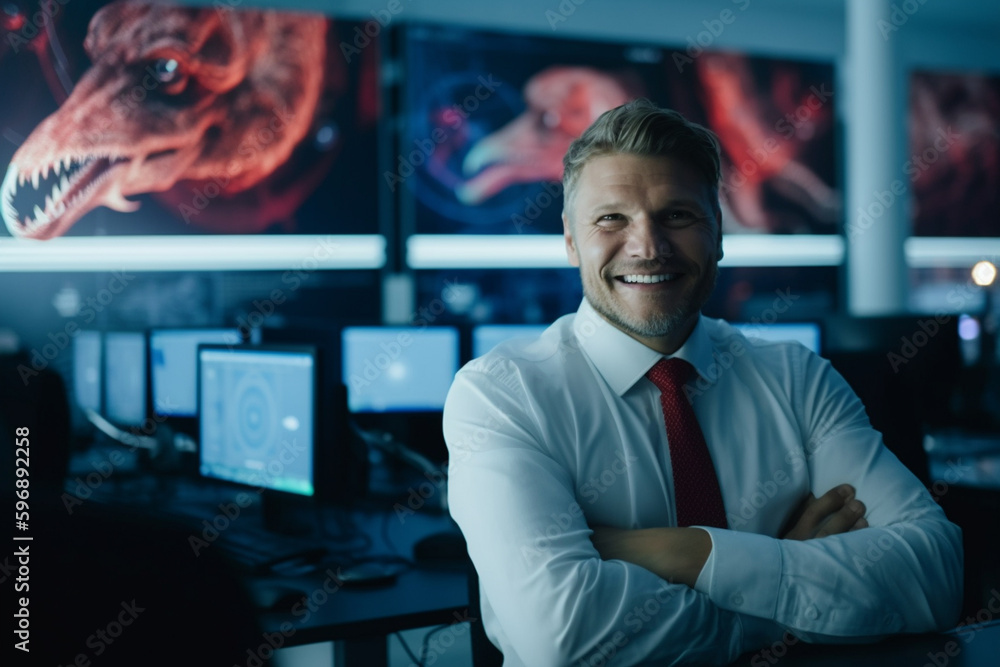 reptiloid controls, concept of evil, conspiracy theory or abstract concept, man in office designed like a control panel with big monitors, control and evil intentions. Generative AI reptiloid controls, concept of evil, conspiracy theory or abstract concept, man in office designed like a control panel with big monitors, control and evil intentions. Generative AI