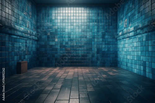 A blue patina wall with textured tiles and 3D square blocks wallpaper. 3D render. Generative AI