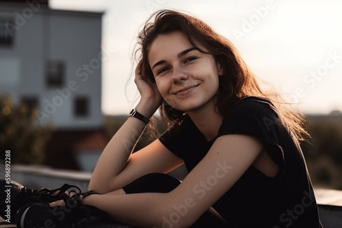 pretty beauty portrait of a young brunette adult woman in black short pants, lies on a flat roof and sunbathes. Generative AI