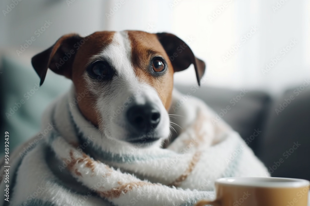 cute dog under blanket on the sofa, daylight at home. Generative AI cute dog under blanket on the sofa, daylight at home. Generative AI