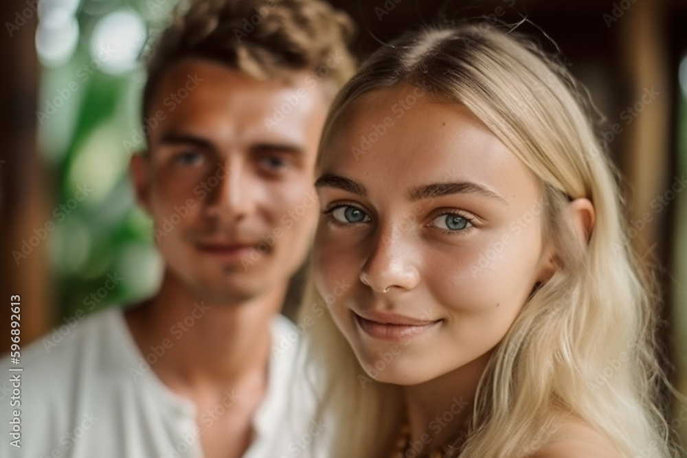 young adult man and woman in tropical hotel or villa or guesthouse, bali indonesia, fictional place in bamboo architecture. Generative AI young adult man and woman in tropical hotel or villa or guesthouse, bali indonesia, fictional place in bamboo architecture. Generative AI