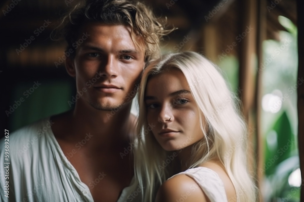 young adult man and woman in tropical hotel or villa or guesthouse, bali indonesia, fictional place in bamboo architecture. Generative AI young adult man and woman in tropical hotel or villa or guesthouse, bali indonesia, fictional place in bamboo architecture. Generative AI