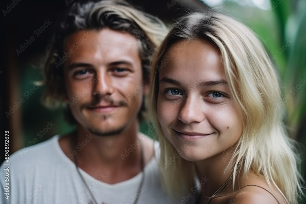 young adult man and woman in tropical hotel or villa or guesthouse, bali indonesia, fictional place. Generative AI young adult man and woman in tropical hotel or villa or guesthouse, bali indonesia, fictional place. Generative AI