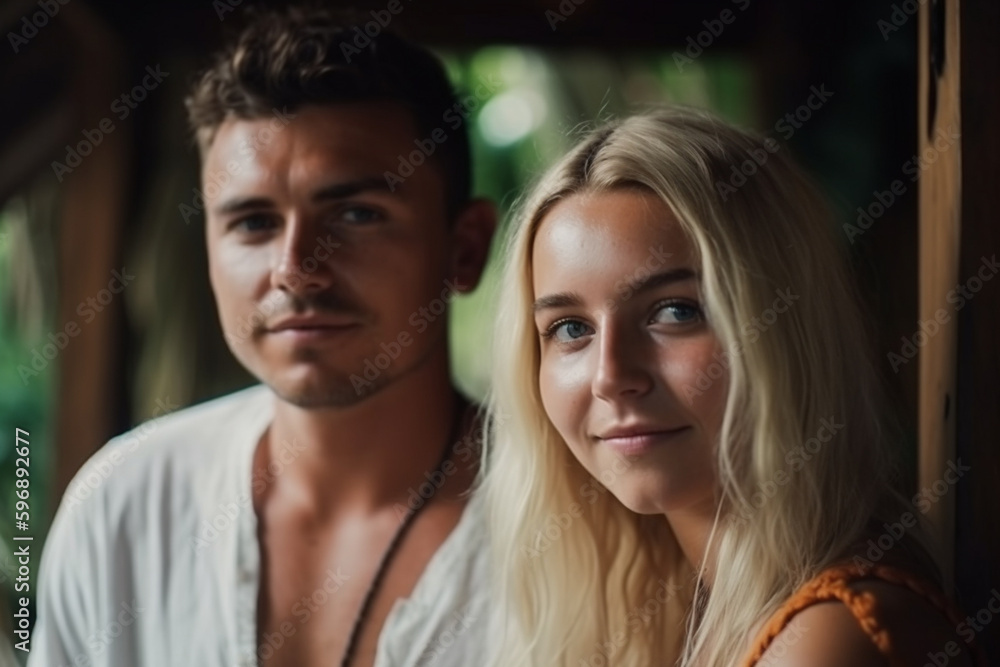 young adult man and woman in tropical hotel or villa or guesthouse, bali indonesia, fictional place. Generative AI young adult man and woman in tropical hotel or villa or guesthouse, bali indonesia, fictional place. Generative AI