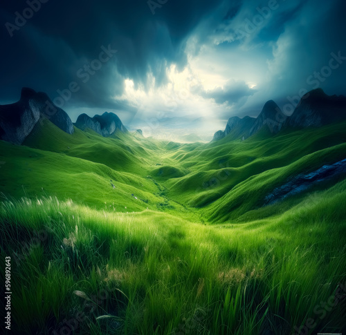 Green field with sky and clouds, in the style of windows xp, smooth curves, serene landscapism. Generative AI. 