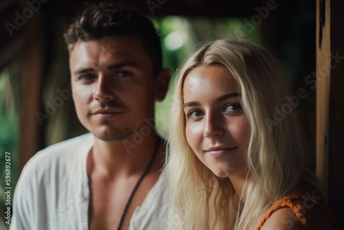 young adult man and woman in tropical hotel or villa or guesthouse, bali indonesia, fictional place. Generative AI