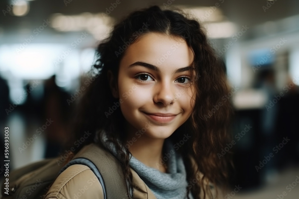 young adult woman with handbag and jacket at an airport. Generative AI young adult woman with handbag and jacket at an airport. Generative AI