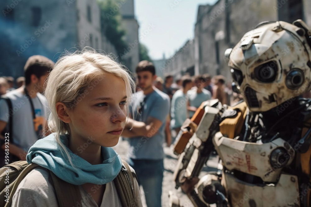 Fototapeta premium robots and humans as combat suits or artificial intelligence for war or as a futuristic future like dystopia. Generative AI