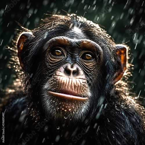 Close-up portrait of a monkey during a rainstorm