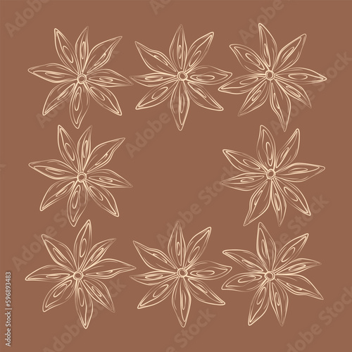 Abstract square frame of outline drawing anise star. Herbs And Spices Day. Copyspace. Isolate.