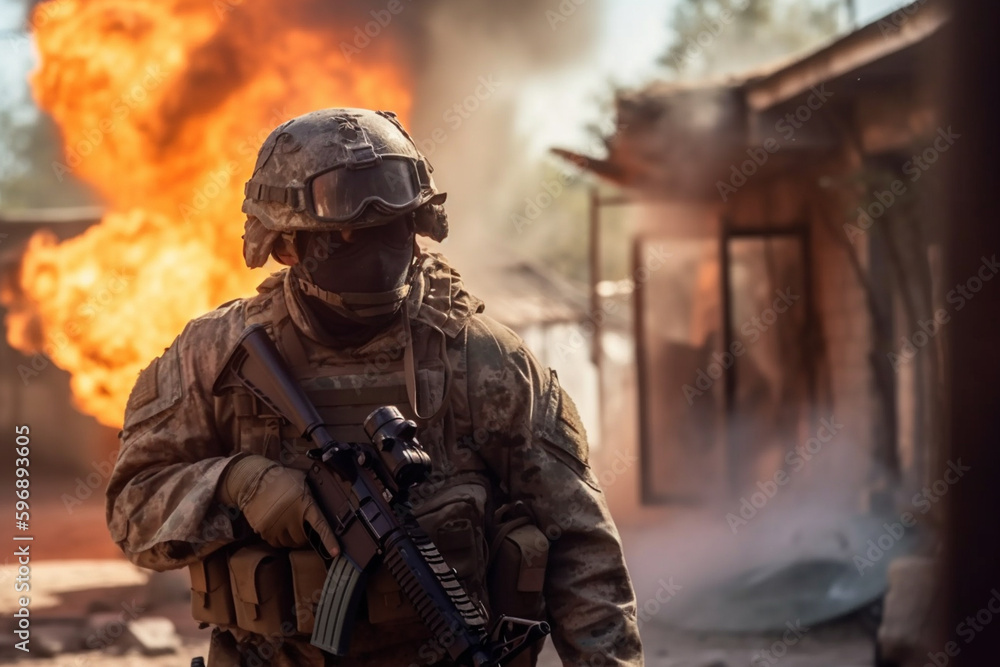 soldier at war, war zone, fictional location. Generative AI soldier at war, war zone, fictional location. Generative AI