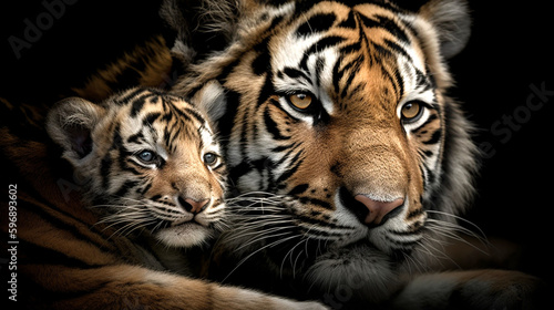A Mother Tiger and Her Cub