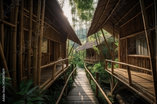 bamboo houses in Bali surrounded by greenery, natural nature house, simple interior and natural aesthetics. Generative AI