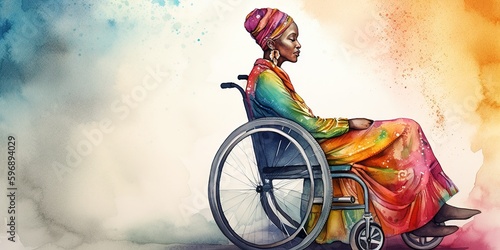 Colorful digital painting of African woman in wheelchair. Copy space for text. Inclusion and diversity concept. Generative AI