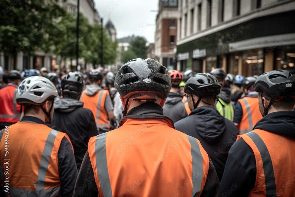 Big group doing demonstration of cyclists for road safety. Generative AI Big group doing demonstration of cyclists for road safety. Generative AI