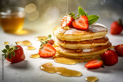 Pancakes with strawberries and honey on a light background. 