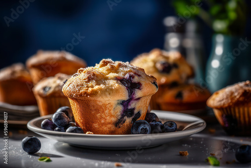 Blueberry muffins with fresh blueberries. 