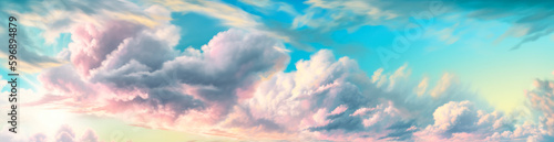Colorful cloudy sky with many clouds and stars, fantastical cloudscapes. Generative Ai.
