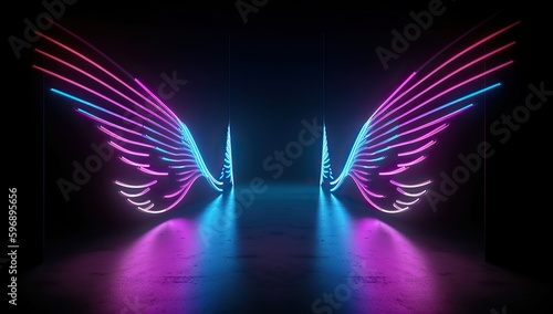 Neon angel wings with pink blue lights, abstract minimalist geometric background, UV spectrum, Cyberspace, futuristic wallpaper