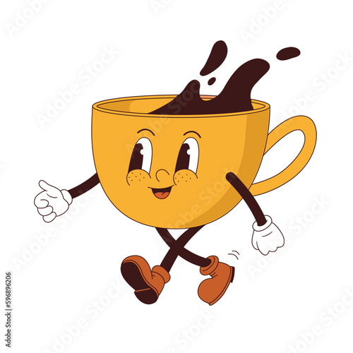 Cartoon mascot cup of coffee vector illustration. Groovy retro espresso character. Nostalgia 70s, 60s