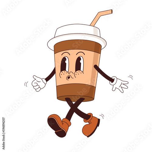 Retro 70s cartoon groovy paper cup character mascots. Vintage coffee 60s vector illustration. Groovy funny drink, nostalgia 1970s, 80s