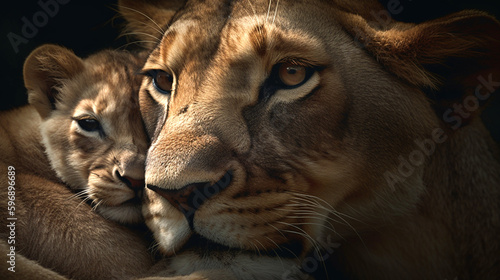 Close-up portrait of a lioness with her cub