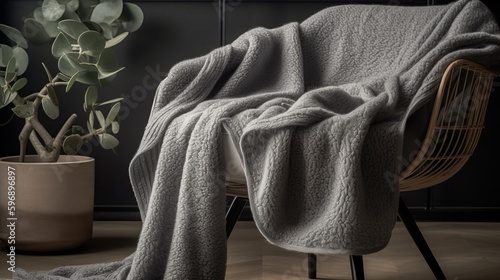 Cozy fleece throw blanket in soft gray. AI generated