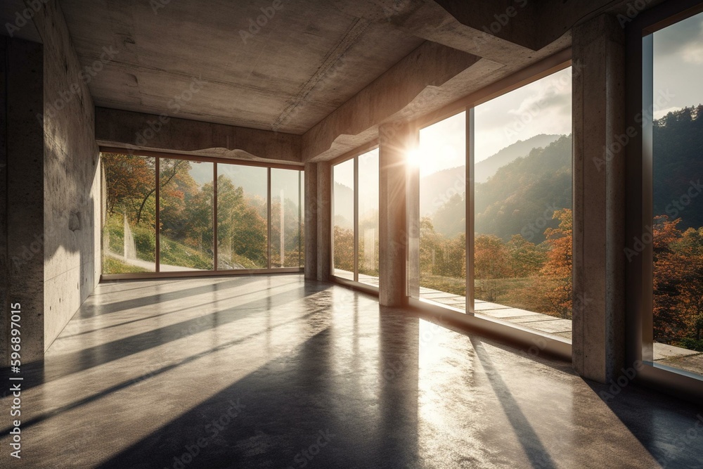 Naklejka premium A vacant concrete room with a breathtaking 3D nature view. Sunlight illuminates the polished walls and floors, while a large entrance overlooks the scenery. Generative AI