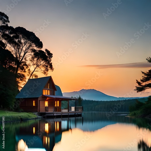 sunset on the lake, cabin