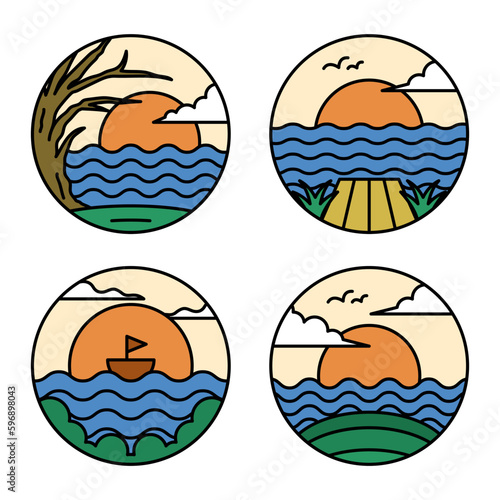 vector logo illustration simple cute and modern of nature beach and mountain in the shape of a circle