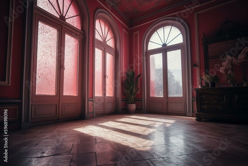 Pink walled room with windows. Generative AI