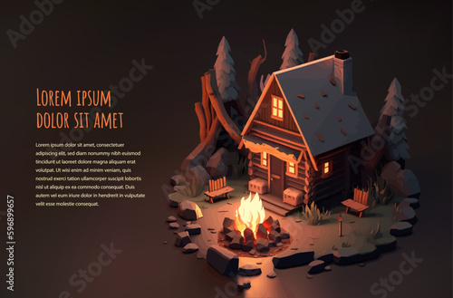 Campfire in front of the tiny wooden house in winter. 3d illustration on the infinite background. (ID: 596899657)