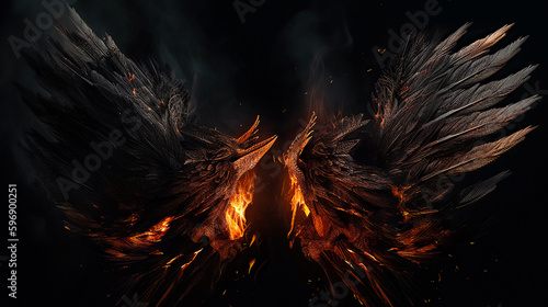 Wings in Flame and Fire. Illustration on black 