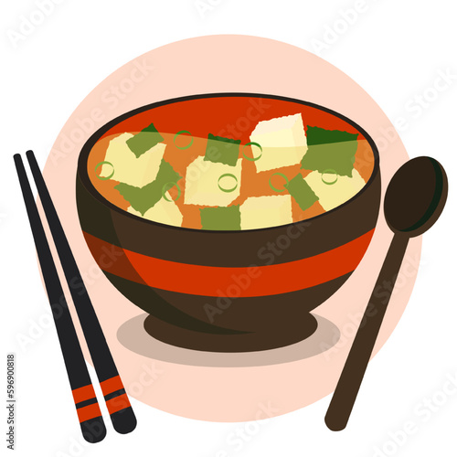 Flat design illustration of miso soup with tofu and seaweed on a bowl