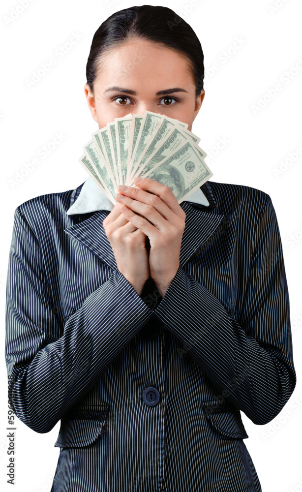 Friendly Businesswoman with Dollar Fan - Isolated Friendly Businesswoman with Dollar Fan - Isolated