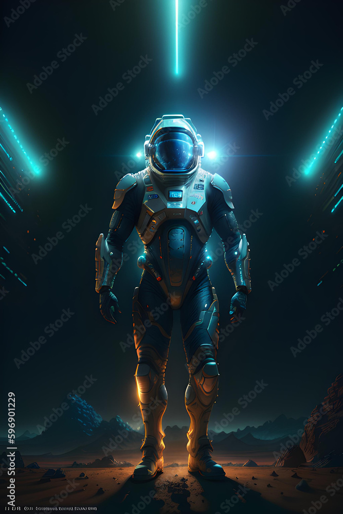 Fototapeta premium Illustration of astronaut on alien planet.