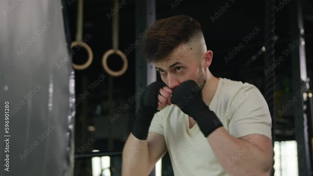 Vidéo Stock Professional fighter boxer male powerful guy man in sports