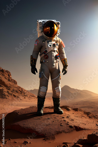 Illustration of astronaut on alien planet.