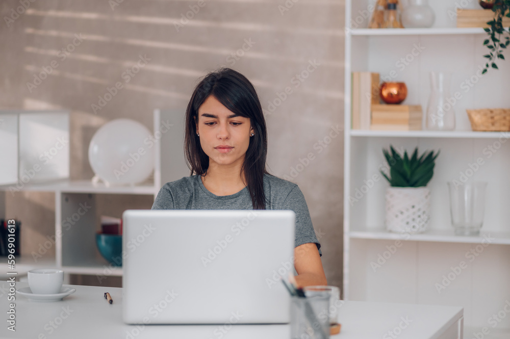 Beautiful young woman working on her laptop in her bright home office. Beautiful young woman working on her laptop in her bright home office.