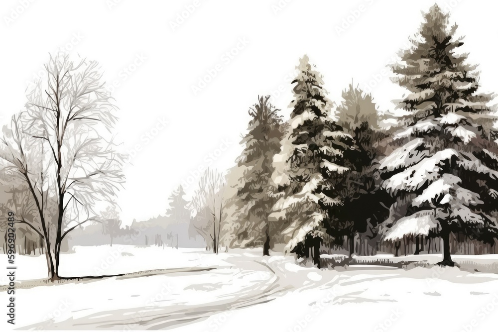 Obraz premium Winter Wonderland with snow-covered trees and mountains in the background. Generative AI