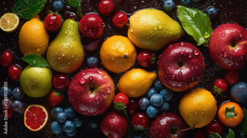 Solid background from different fruits with drops of water on them created with generative AI technology