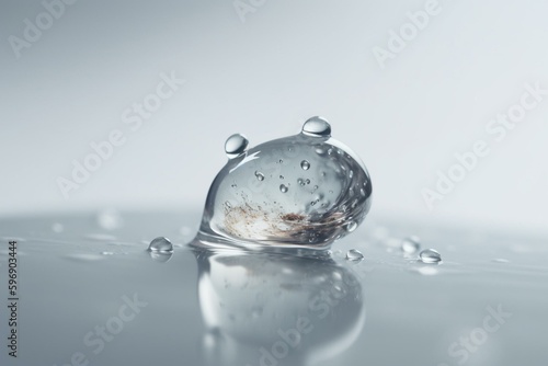 A droplet of water resting on a plain white surface. Generative AI