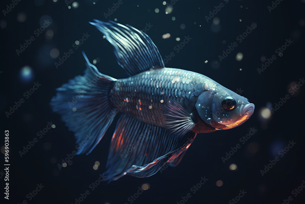 Fototapeta premium A beautiful Siamese fish with shiny particles over dark background Generative AI