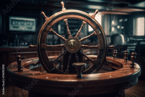 Front view of a 3D ship steering wheel. Generative AI