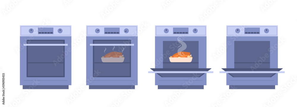 Baking in oven set. Collection of turkey or chicken cooking stages. Preparation at kitchen. Electronic machine for homemade dishes. Cartoon flat vector illustrations isolated on white background Baking in oven set. Collection of turkey or chicken cooking stages. Preparation at kitchen. Electronic machine for homemade dishes. Cartoon flat vector illustrations isolated on white background