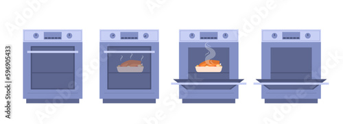 Baking in oven set. Collection of turkey or chicken cooking stages. Preparation at kitchen. Electronic machine for homemade dishes. Cartoon flat vector illustrations isolated on white background
