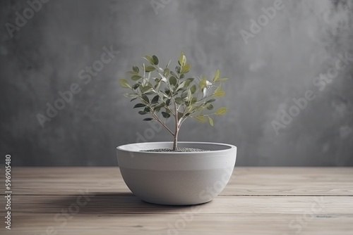 small potted tree on a wooden table. Generative AI