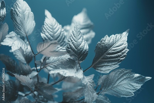 An abstract plant illustration with silver leaves on blue background. Generative AI