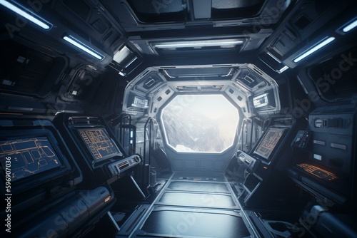 Futuristic spaceship interior with window showing Earth, rendered in 3D. Generative AI © Isolde